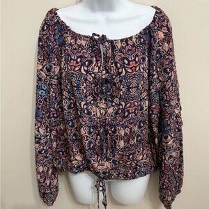 Rose + Olive Tie Neck Floral Paisley Top Tiered Balloon Sleeves Boho Flowy Sz M